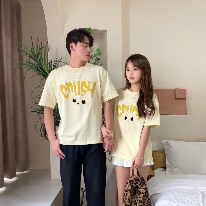 Áo thun cặp đôi HappyFamily - Mẫu tay lở in chữ in họa tiết chú mèo Crush chất cotton 100 Cao Cấp