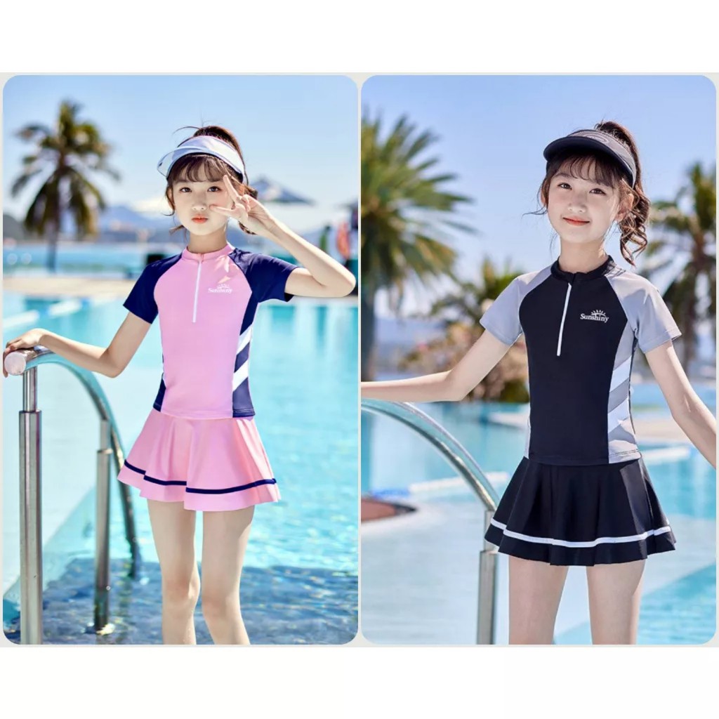 Bộ Bơi Váy Có Khóa Bé Gái, Bộ đồ bơi chân váy kèm quần tromg an toàn cho bé gái 13-65kg
