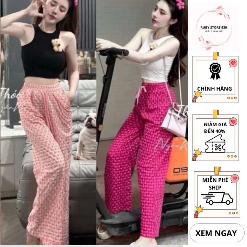 [Combo 2 chiếc] Quần ống rộng nữ họa trái tim chất vải đũi xốp mềm mại thoáng mát hot 2025