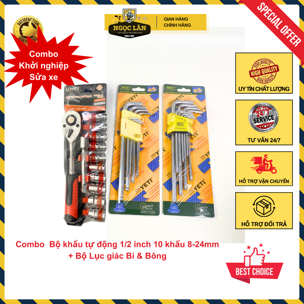 Bộ khẩu tự động 12 chi tiết Liwin 1/2 inch 8-24mm và bộ lục giác bi 9 cây