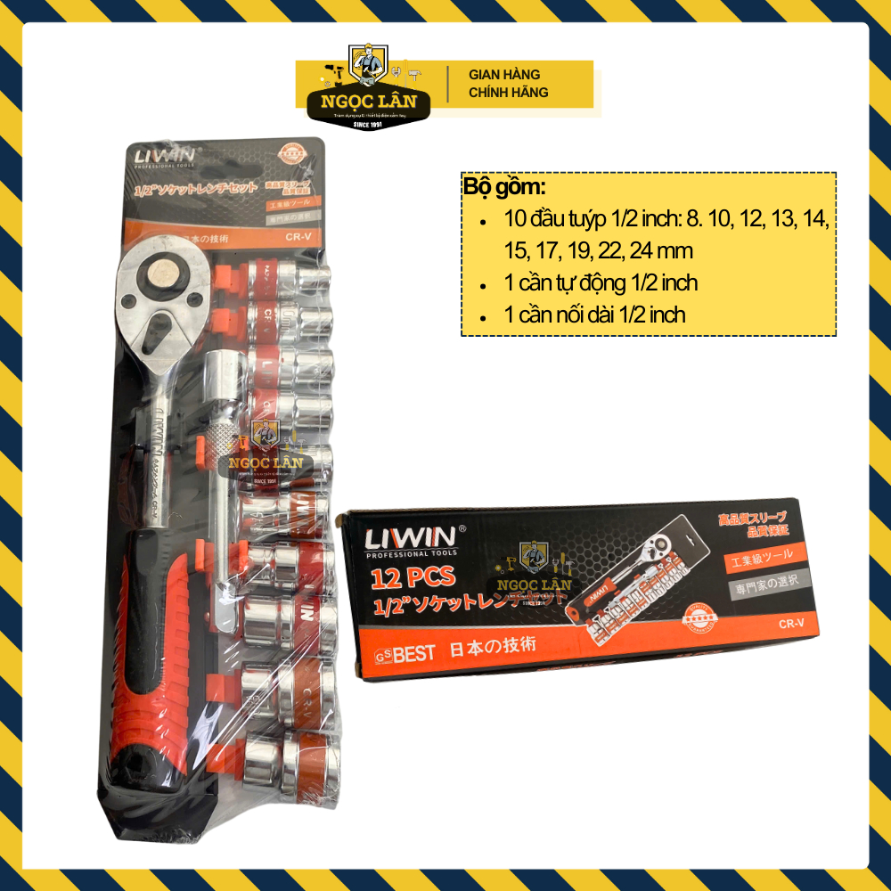 Bộ khẩu tự động 12 chi tiết Liwin 1/2 inch 8-24mm và bộ lục giác bi 9 cây