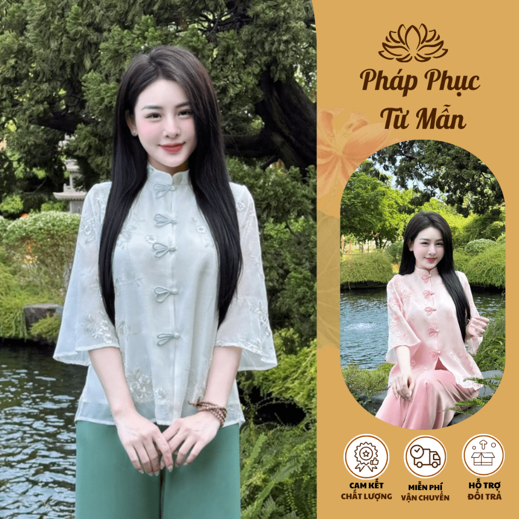 Pháp phục cổ tàu tiểu thư voan tơ hoa phối nơ Đồ bộ đi chùa cách tân tơ 2 lớp Đồ lam nữ tay lỡ voan mềm mát Thanh lịch