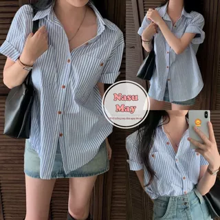 Sơ Mi Kẻ Xanh Cúc Nâu Form Rộng Cá Tính Thời Trang Nữ - Sơ Mi Cúc Nâu