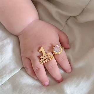 Set nhẫn titan đá happy birthday cho bé kiểu hàn quốc sang trọng