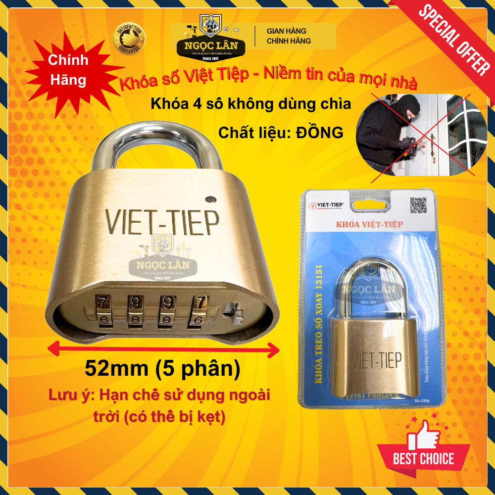 Khóa số, khóa treo mật mã Việt Tiệp vàng đồng hàng chuẩn bền bỉ, an toàn không dùng chìa (5 phân)