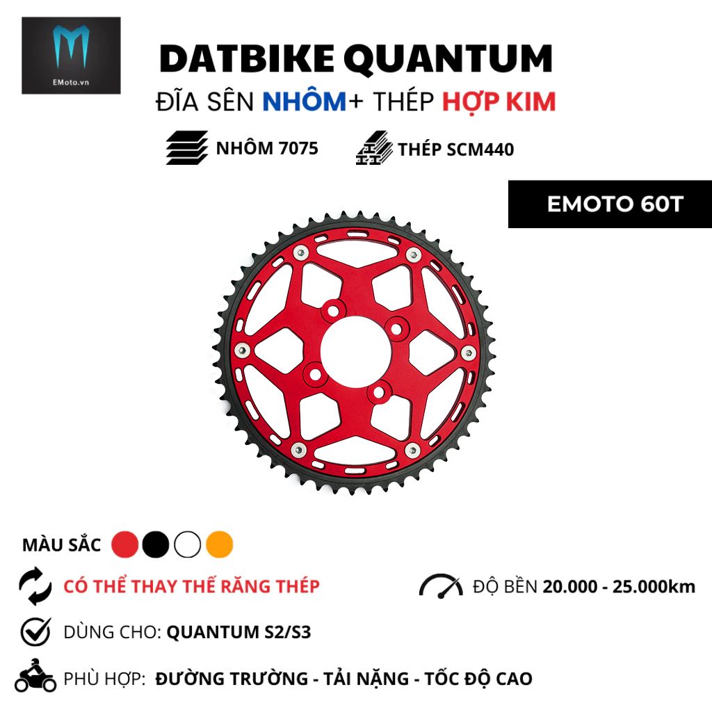 Đĩa Nhôm Thép EMOTO 60T cho DatBike Quantum S2/S3