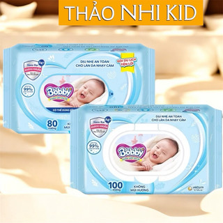 (Hoả tốc ) KHăn ướt Bobby 100 tờ, 80 tờ xanh không mùi hương an toàn cho bé - Thảo Nhi Kid