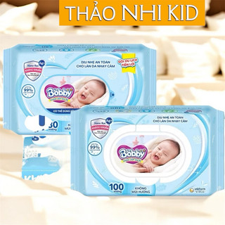 (Hoả tốc ) KHăn ướt Bobby 100 tờ, 80 tờ xanh không mùi hương an toàn cho bé - Thảo Nhi Kid