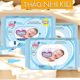 (Hoả tốc ) KHăn ướt Bobby 100 tờ, 80 tờ xanh không mùi hương an toàn cho bé - Thảo Nhi Kid