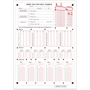 101 Tờ phiếu thi trắc nghiệm THPT app QM2025 -CÓ Ô GHI ĐIỂM - Mẫu mới nhất, 8 ô SBD, 4 ô MĐ. Có dòng kẻ mặt sau
