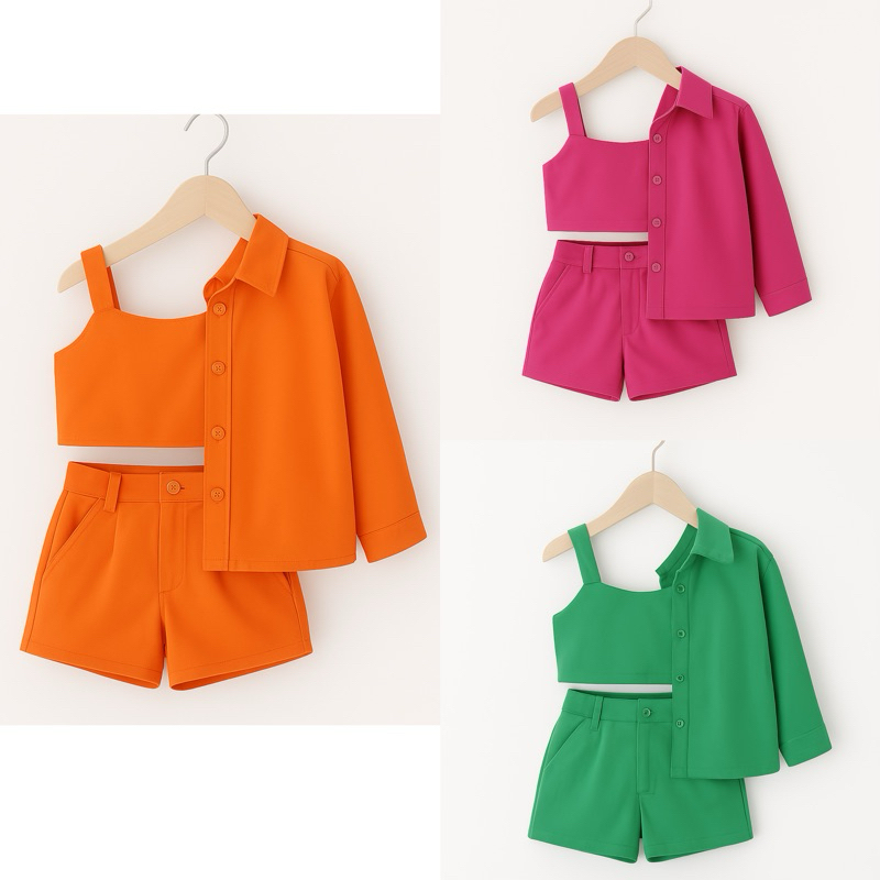 Set thời trang bé gái 3 món F0839 (12M–10Y) – áo sơ mi, áo croptop, quần short năng động, đồ bé gái cao cấp