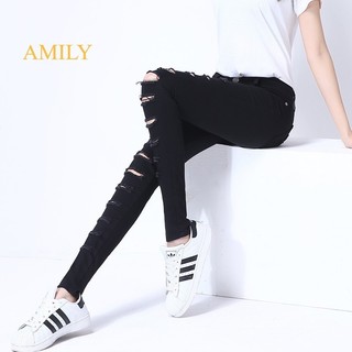 Quần Jean Đen Tuyền AMILY dáng Skinny Jean Phom Ôm Lưng Cao, Rách Nhiều Đường Dành Cho BigSize