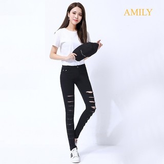 Quần Jean Đen Tuyền AMILY dáng Skinny Jean Phom Ôm Lưng Cao, Rách Nhiều Đường Dành Cho BigSize