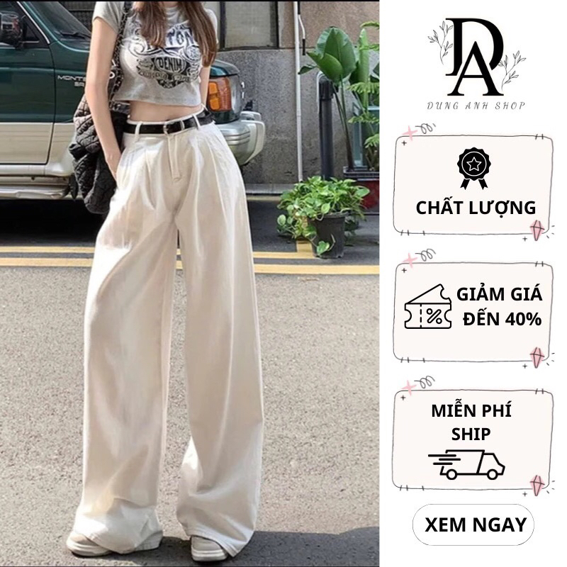 Quần jeans kaki xếp ly ống rộng lưng cao cạp chun phong cách Hàn Quốc