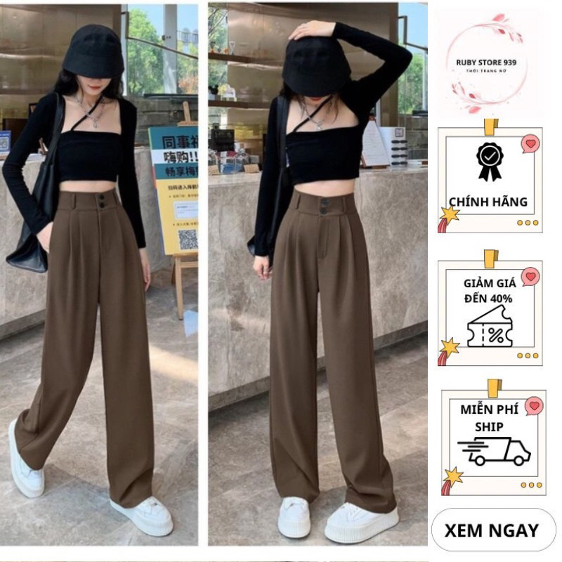 Quần tây ông rộng nữ cạp cao 2 khuy dài 100cm, Quần chất vải gold hàn loại 1 vải sóng mịn tôn dáng