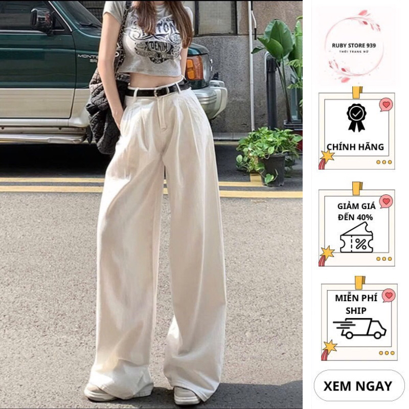 Quần jeans kaki nữ xếp ly ống rộng lưng cao cạp chun phong cách Hàn Quốc trend 2025