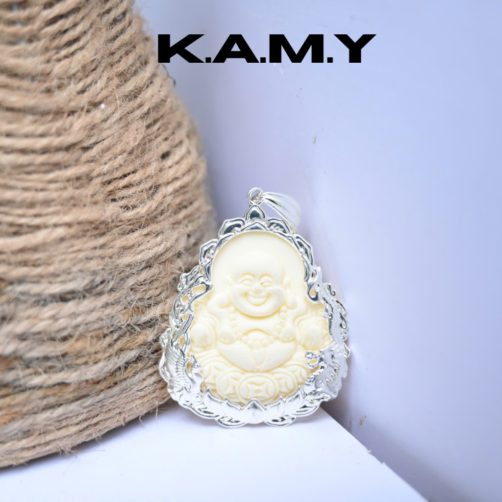 Mặt Dây Chuyền Hình Phật Di Lặc Cười – Viền Bạc Đá Trắng Ngà May Mắn | Trang Sức KAMY