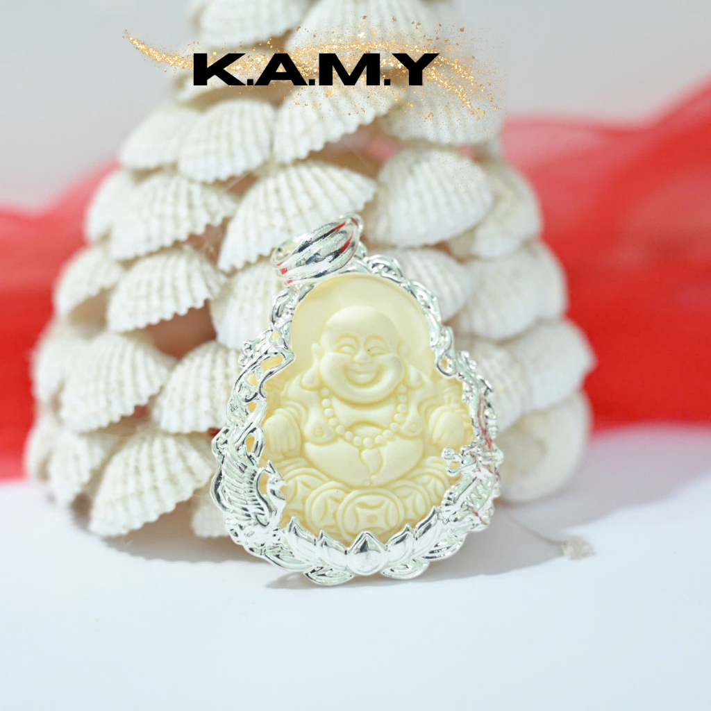 Mặt Dây Chuyền Hình Phật Di Lặc Cười – Viền Bạc Đá Trắng Ngà May Mắn | Trang Sức KAMY