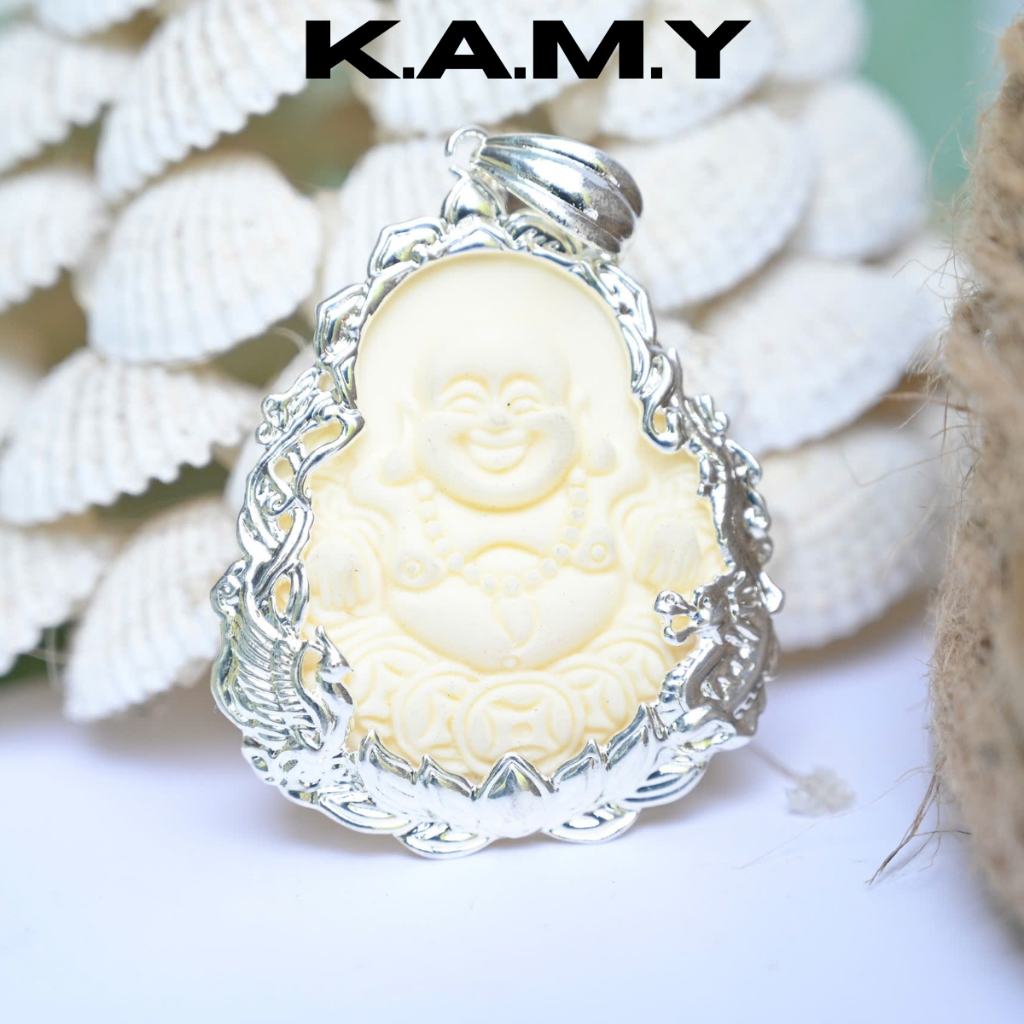 Mặt Dây Chuyền Hình Phật Di Lặc Cười – Viền Bạc Đá Trắng Ngà May Mắn | Trang Sức KAMY