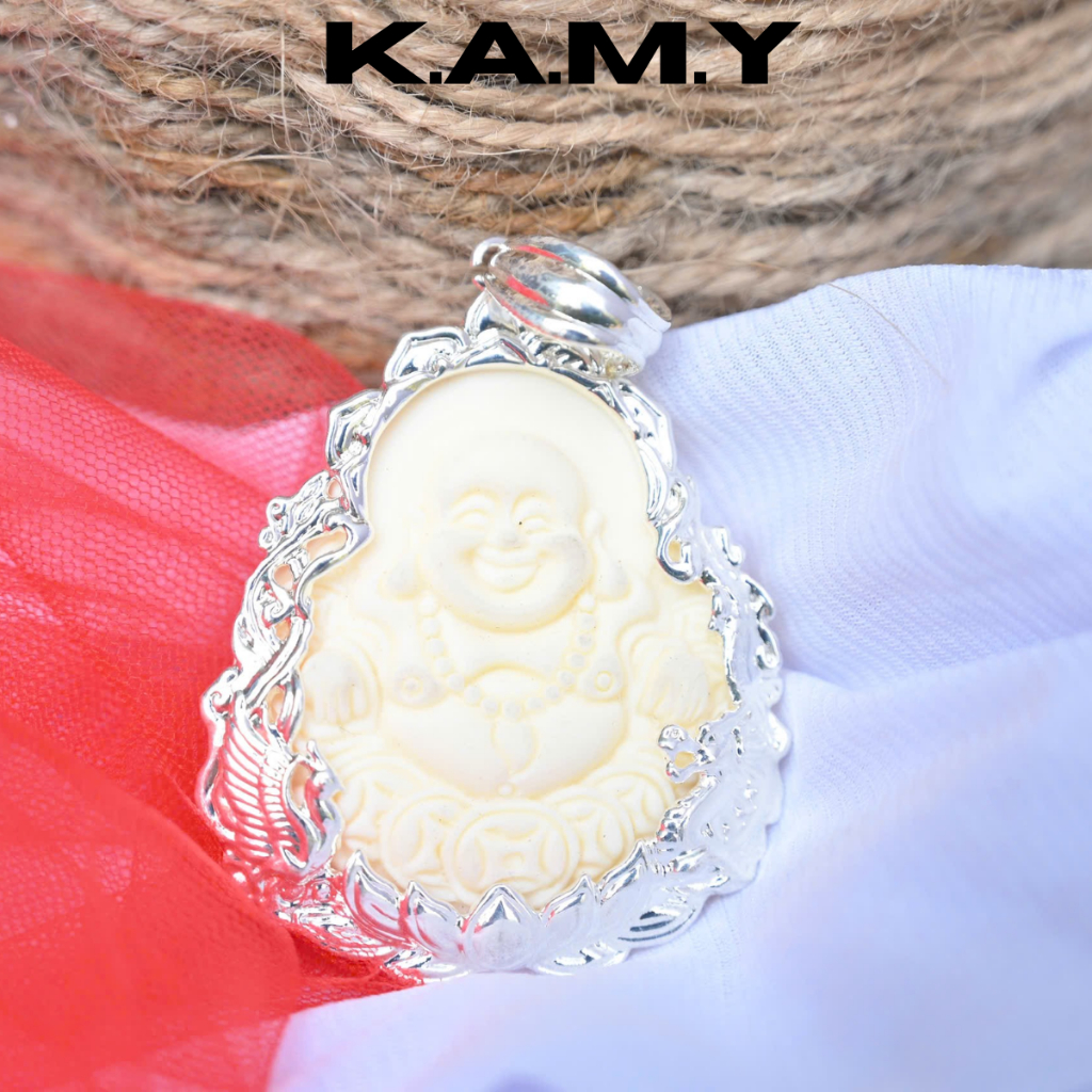 Mặt Dây Chuyền Hình Phật Di Lặc Cười – Viền Bạc Đá Trắng Ngà May Mắn | Trang Sức KAMY