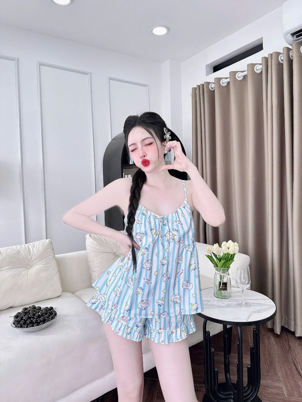 Ảnh Đồ Ngủ Sexy Nữ SOJUN Bộ 2 Dây Sexy Nhún Trơn 1 size 45 - 63Kg 2