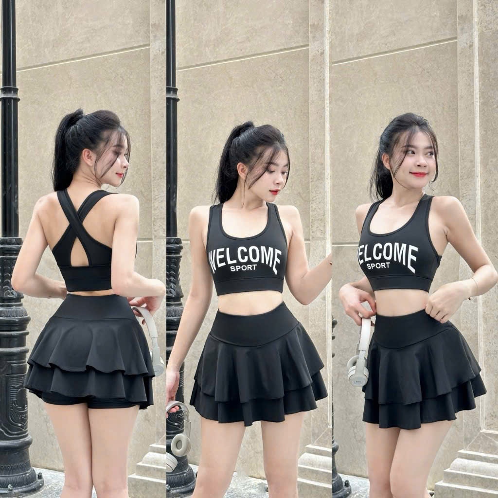 Set váy bèo tầng thể thao tập erobic, zumba, shuffer dance, đi bơi Wellcom... chất thun co giãn