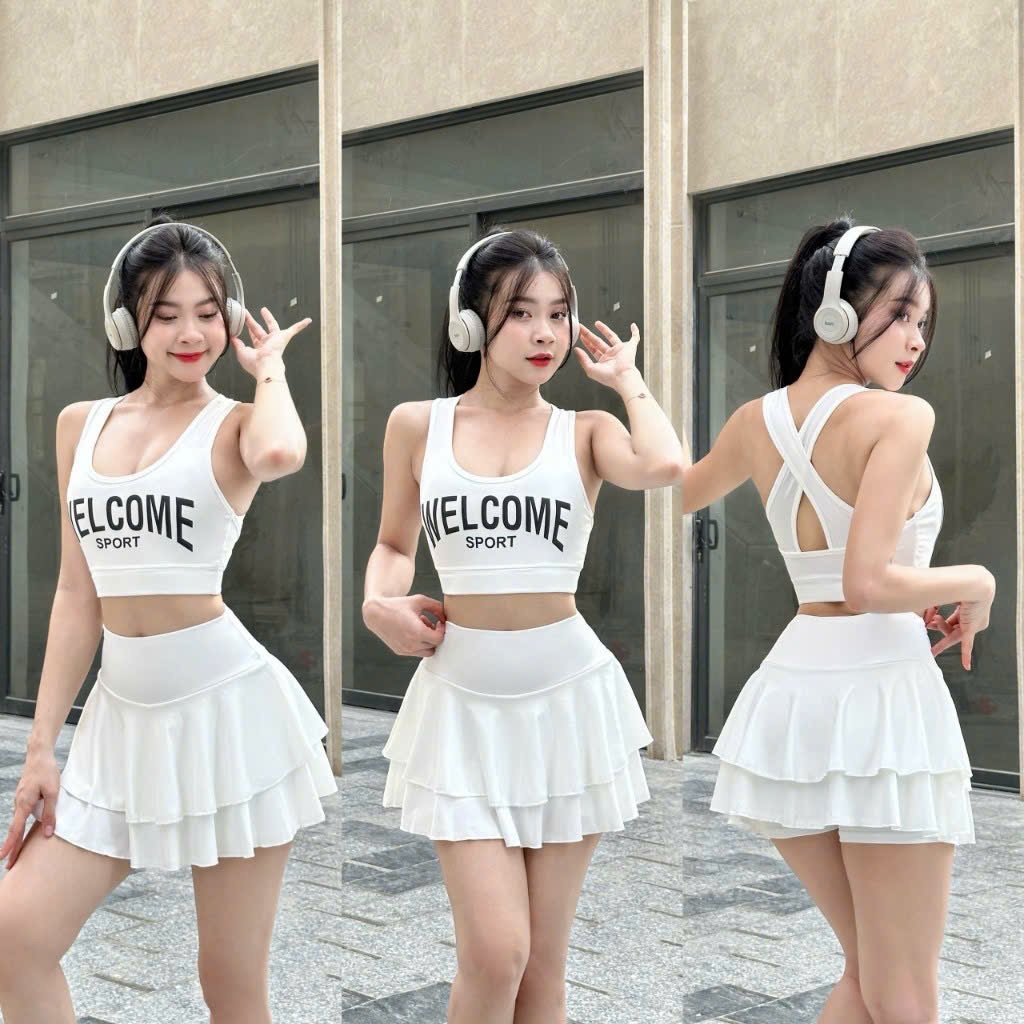 Set váy bèo tầng thể thao tập erobic, zumba, shuffer dance, đi bơi Wellcom... chất thun co giãn