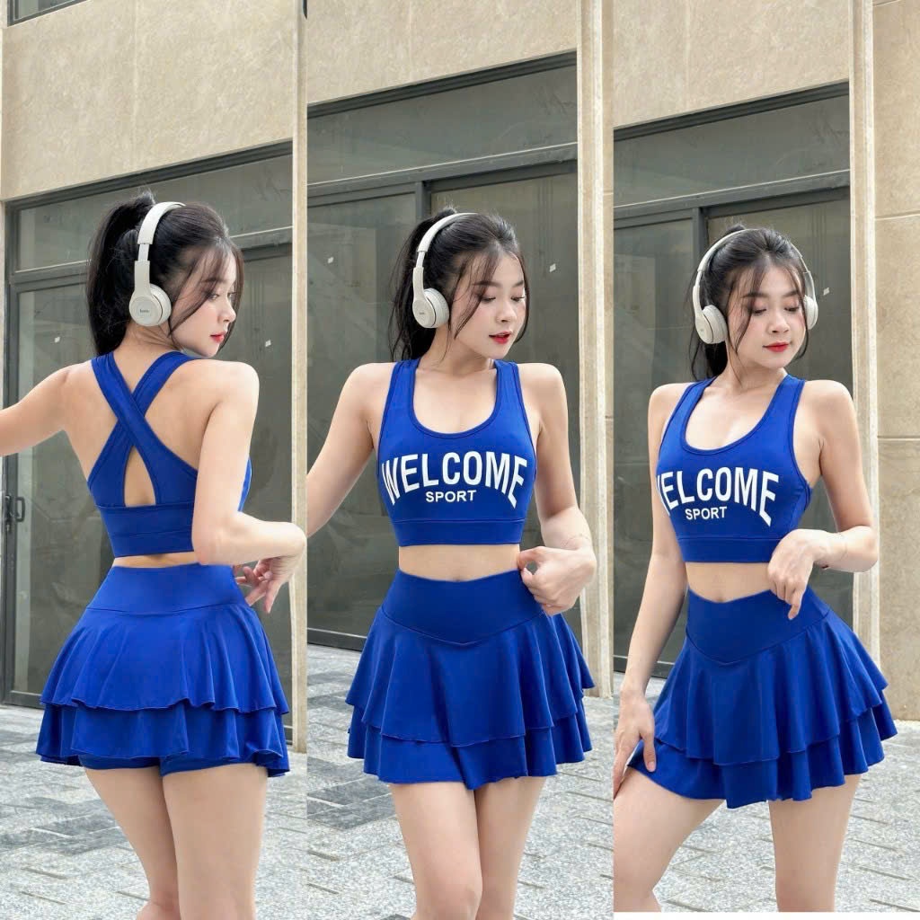 Set váy bèo tầng thể thao tập erobic, zumba, shuffer dance, đi bơi Wellcom... chất thun co giãn