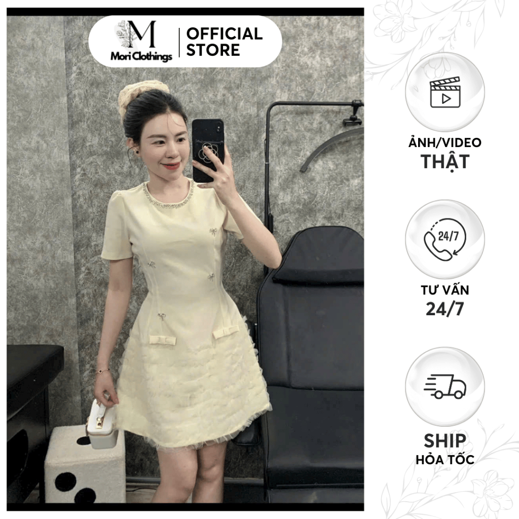 Váy Tiểu Thư Sang Chảnh Đính Hoa Cổ Dáng Xòe Thiết Kế Thời Trang Nữ N263 | MORI CLOTHINGS