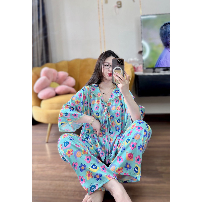 (45-65kg) bộ ngủ mặc nhà cho nữ tay loe phối ren quần dài lụa mịn mát