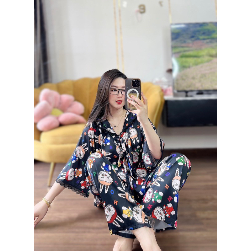 (45-65kg) bộ ngủ mặc nhà cho nữ tay loe phối ren quần dài lụa mịn mát