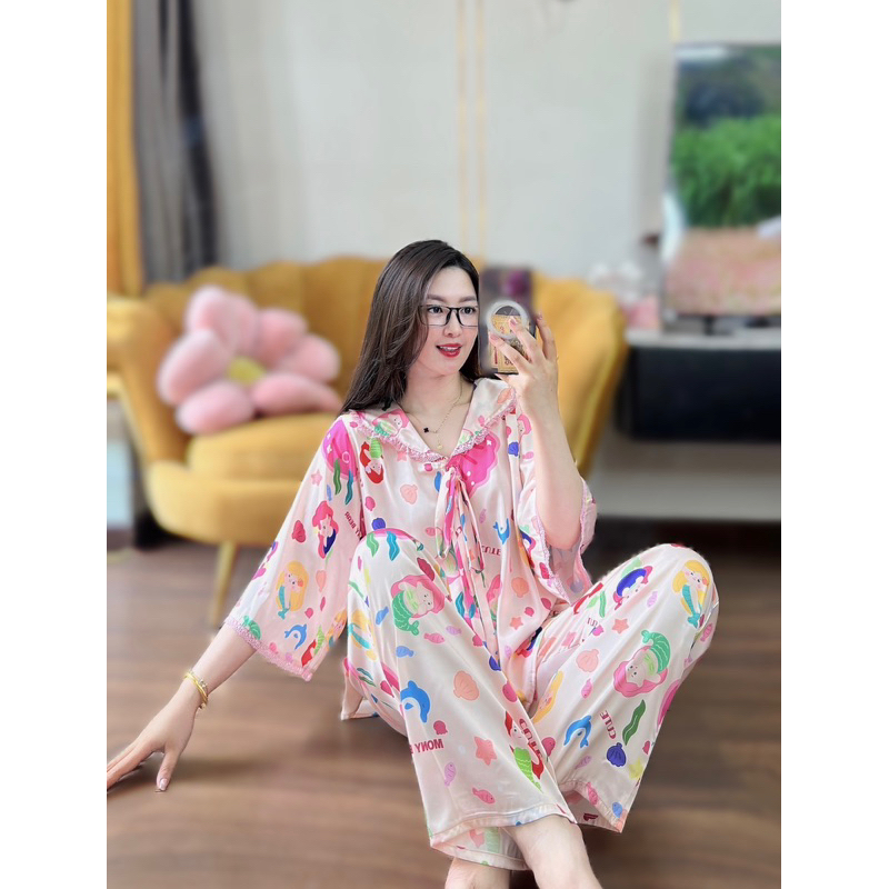 (45-65kg) bộ ngủ mặc nhà cho nữ tay loe phối ren quần dài lụa mịn mát