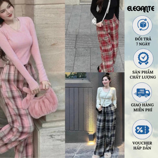 QUẦN DÀI NỮ ỐNG RỘNG DÁNG SUÔNG HOẠ TIẾT KẺ Ô TO ELEGANTE , CHẤT THÔ DÀY thoáng mát ( dưới 80kg)