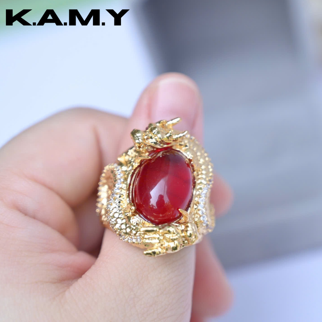Nhẫn Nam Rồng Ôm Đá Đỏ – Thiết Kế Cá Tính, Viền Xi Mạ Sáng | Trang Sức KAMY