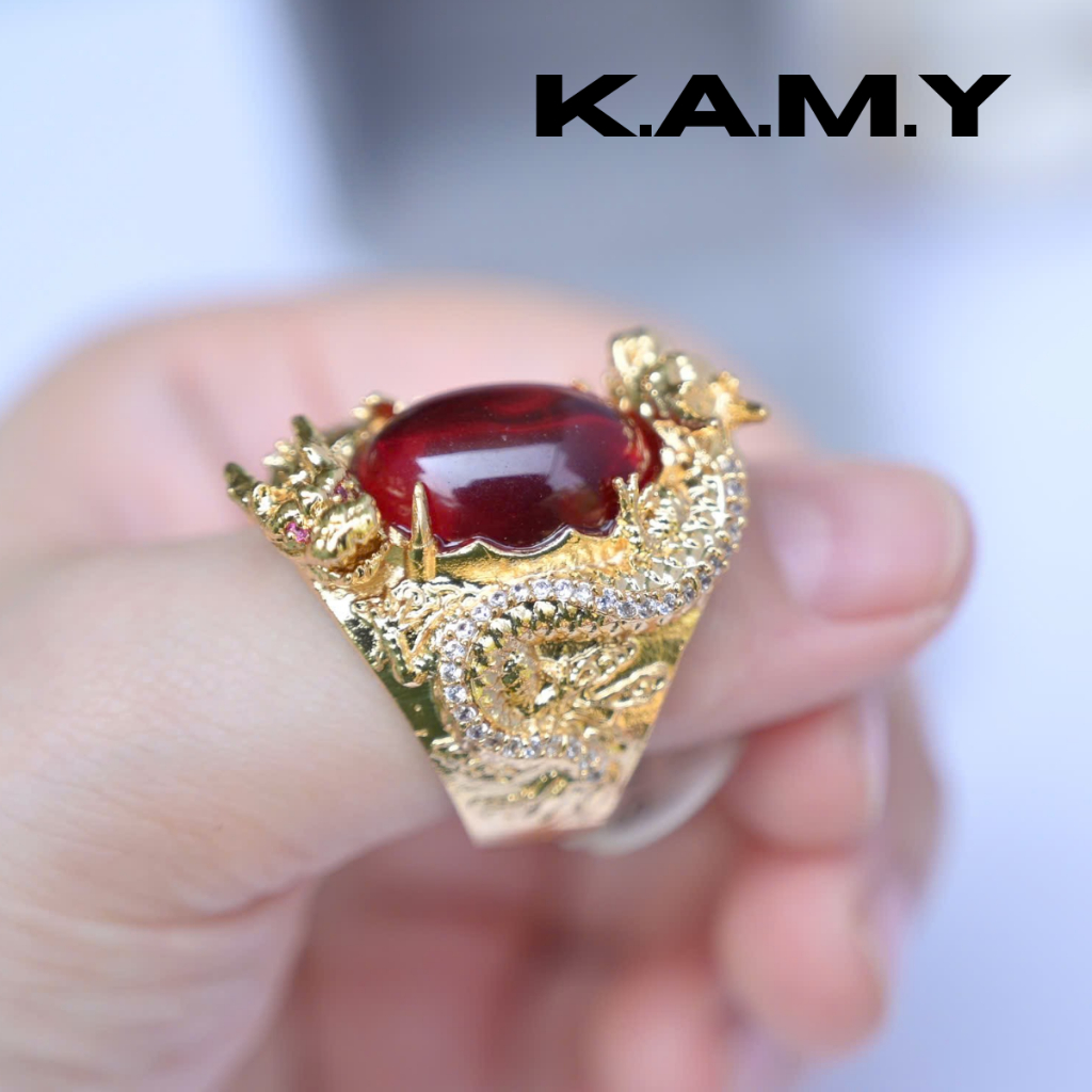 Nhẫn Nam Rồng Ôm Đá Đỏ – Thiết Kế Cá Tính, Viền Xi Mạ Sáng | Trang Sức KAMY