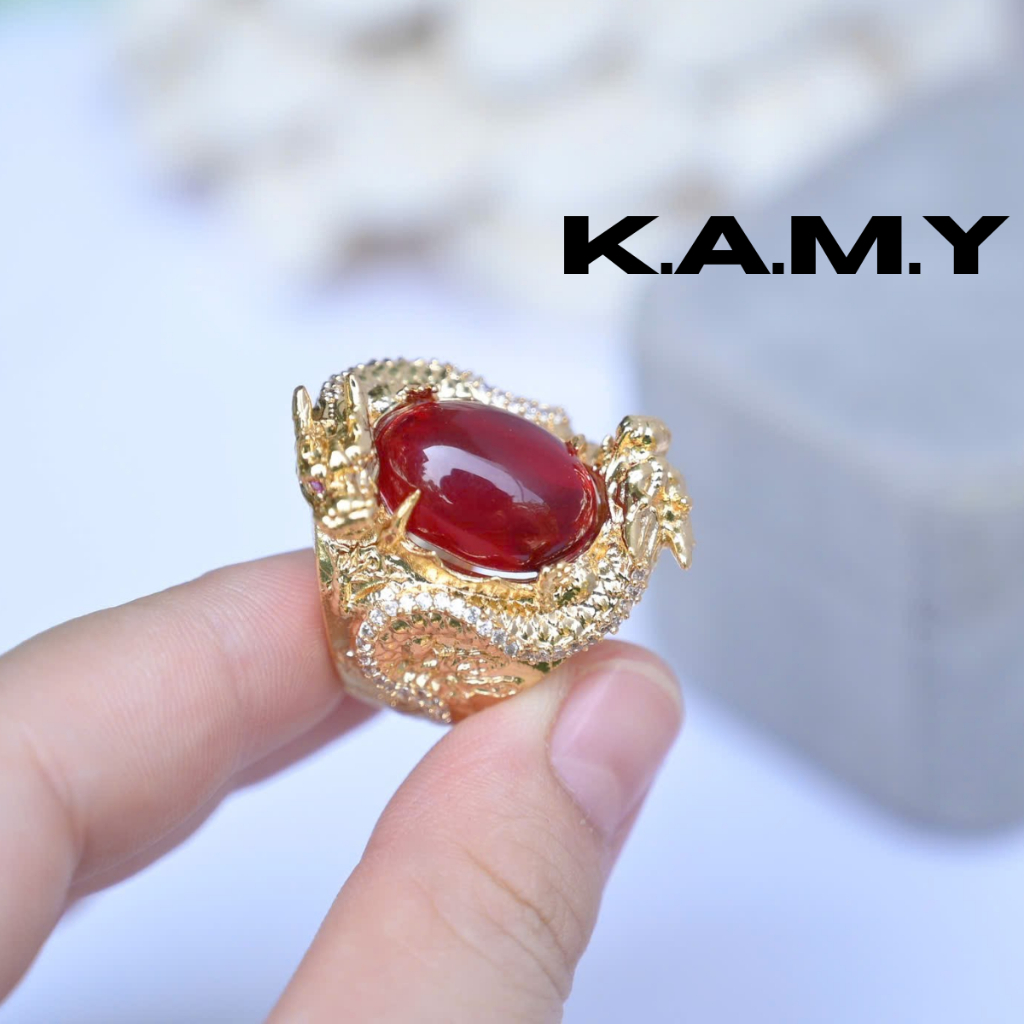 Nhẫn Nam Rồng Ôm Đá Đỏ – Thiết Kế Cá Tính, Viền Xi Mạ Sáng | Trang Sức KAMY
