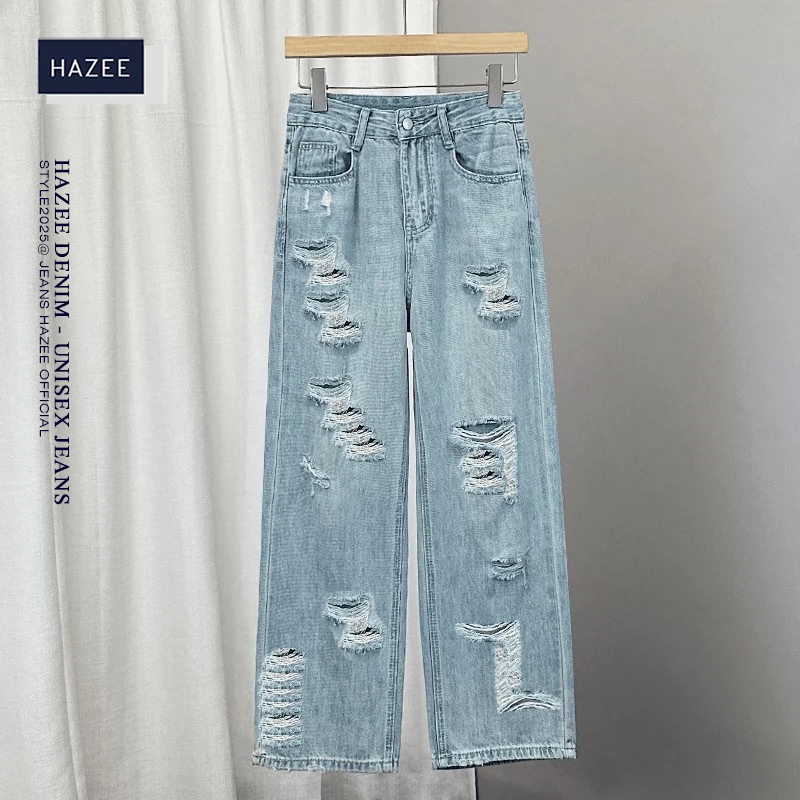 Quần Jean Nữ HAZEE LR-01 Ống Suông Rộng, Lưng Cao, Xanh Nhạt Rách Ấn Tượng Tôn Da