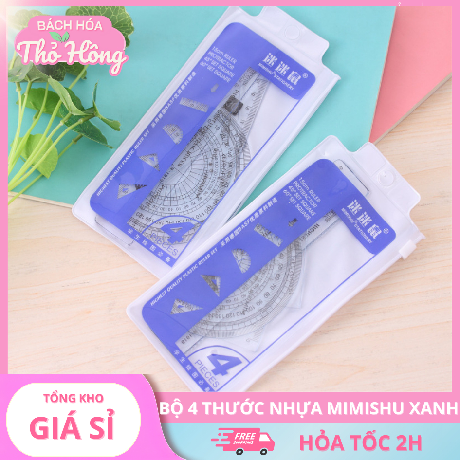 Bộ 4 thước nhựa eke, đo độ 15cm MIMISHU xanh túi zip