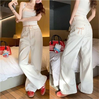 Quần jean bò kaki ống suông ruộng nữ thêu nơ túi jeans cạp cao phong cách style Hàn Quốc