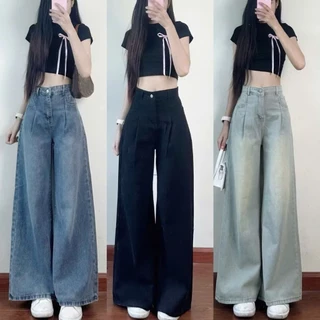 Quần jean bò xuông ly trước ống rộng suông xuông nữ jeans cạp cao phong cách style