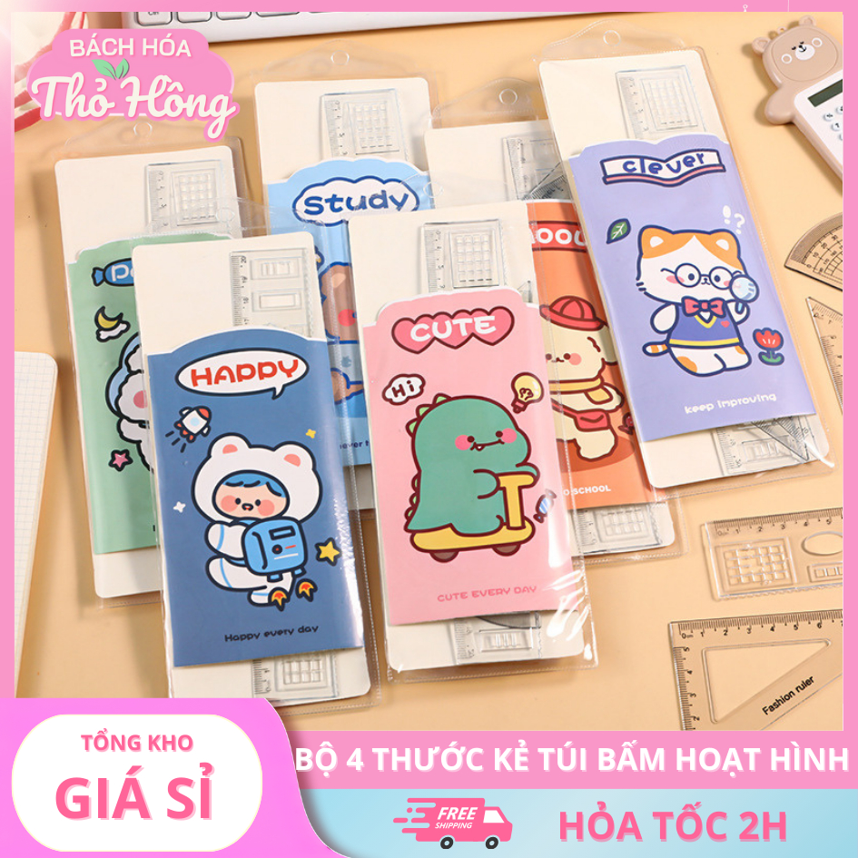 3 Bộ 4 Thước Kẻ Kèm Túi Bấm