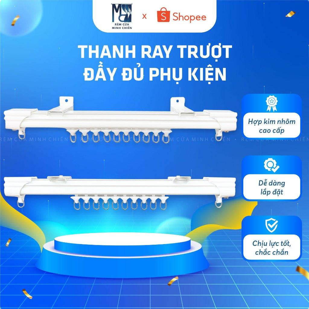 Thanh Ray Trượt Treo Rèm Cửa Xếp Ly Đầy Đủ Phụ Kiện - Lõi Chống Ồn, Kéo ...