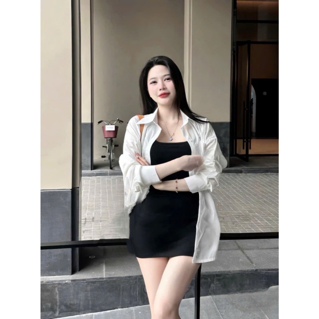 Set Bộ nữ áo sơ mi dài tay thêu chữ mix váy body dáng ngắn chất thun zip mềm mại-XM Huyền Hưng MS151