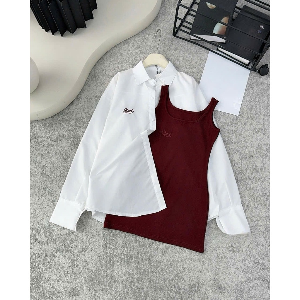 Set Bộ nữ áo sơ mi dài tay thêu chữ mix váy body dáng ngắn chất thun zip mềm mại-XM Huyền Hưng MS151