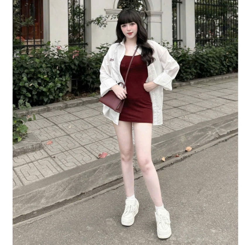 Set Bộ nữ áo sơ mi dài tay thêu chữ mix váy body dáng ngắn chất thun zip mềm mại-XM Huyền Hưng MS151