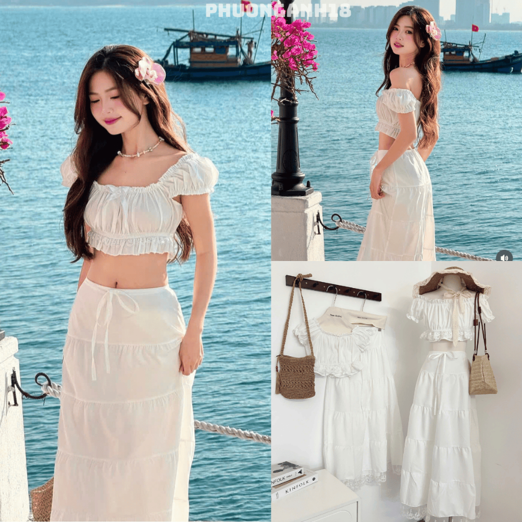 [Tặng khăn trùm đầu] Set đi biển chân váy xòe kèm áo trễ vai hàng QC New