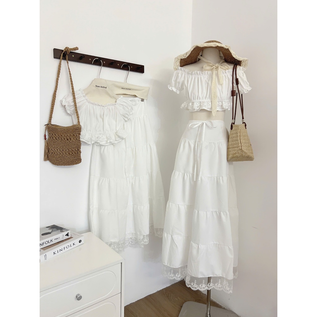 [Tặng khăn trùm đầu] Set đi biển chân váy xòe kèm áo trễ vai hàng QC New