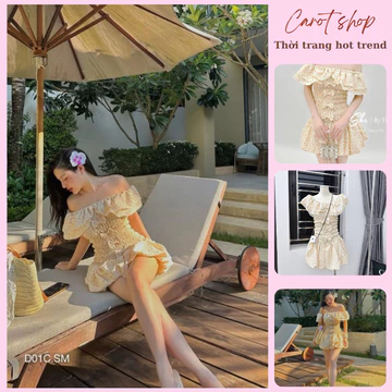 Váy hoa nhí - Váy trễ vai hoa nhí hồng thân chun đính nơ gấu bồng CAROT SHOP1520