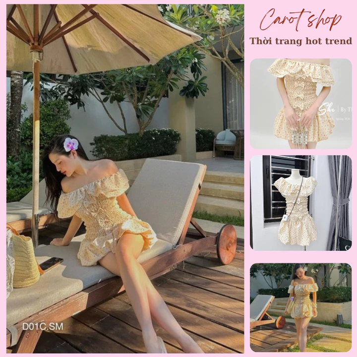 Váy hoa nhí - Váy trễ vai hoa nhí hồng thân chun đính nơ gấu bồng CAROT SHOP1520