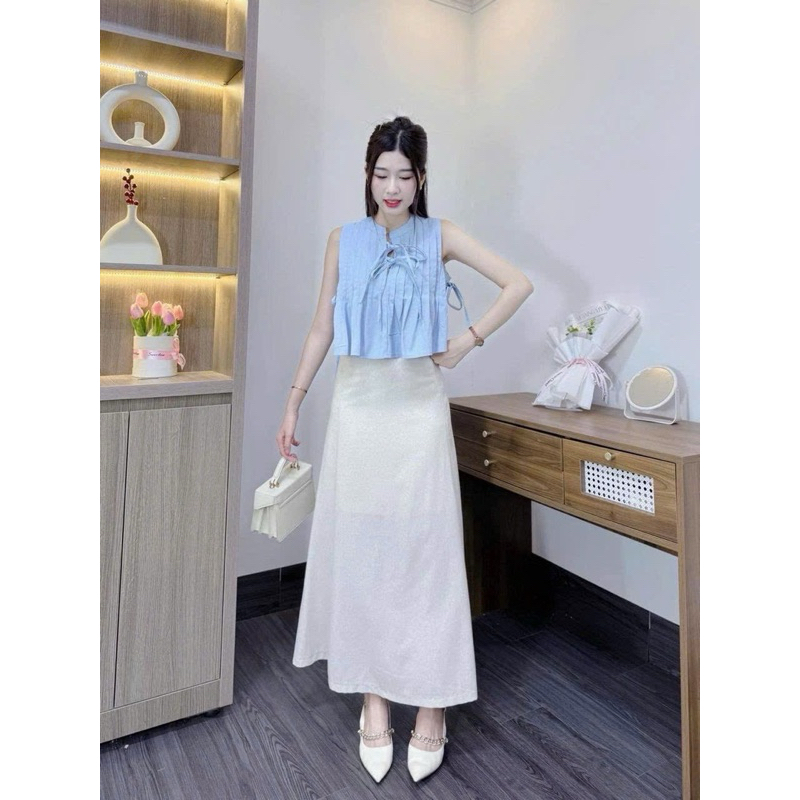 L970- sét váy nữ, áo xếp ly nút bọc form xòe, chân váy mango dáng dài